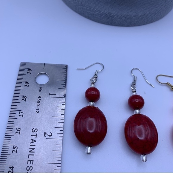 Set of Two NWOT Speckled Marbled Red and Coral Long Beaded Dangle Earrings - Picture 5 of 5